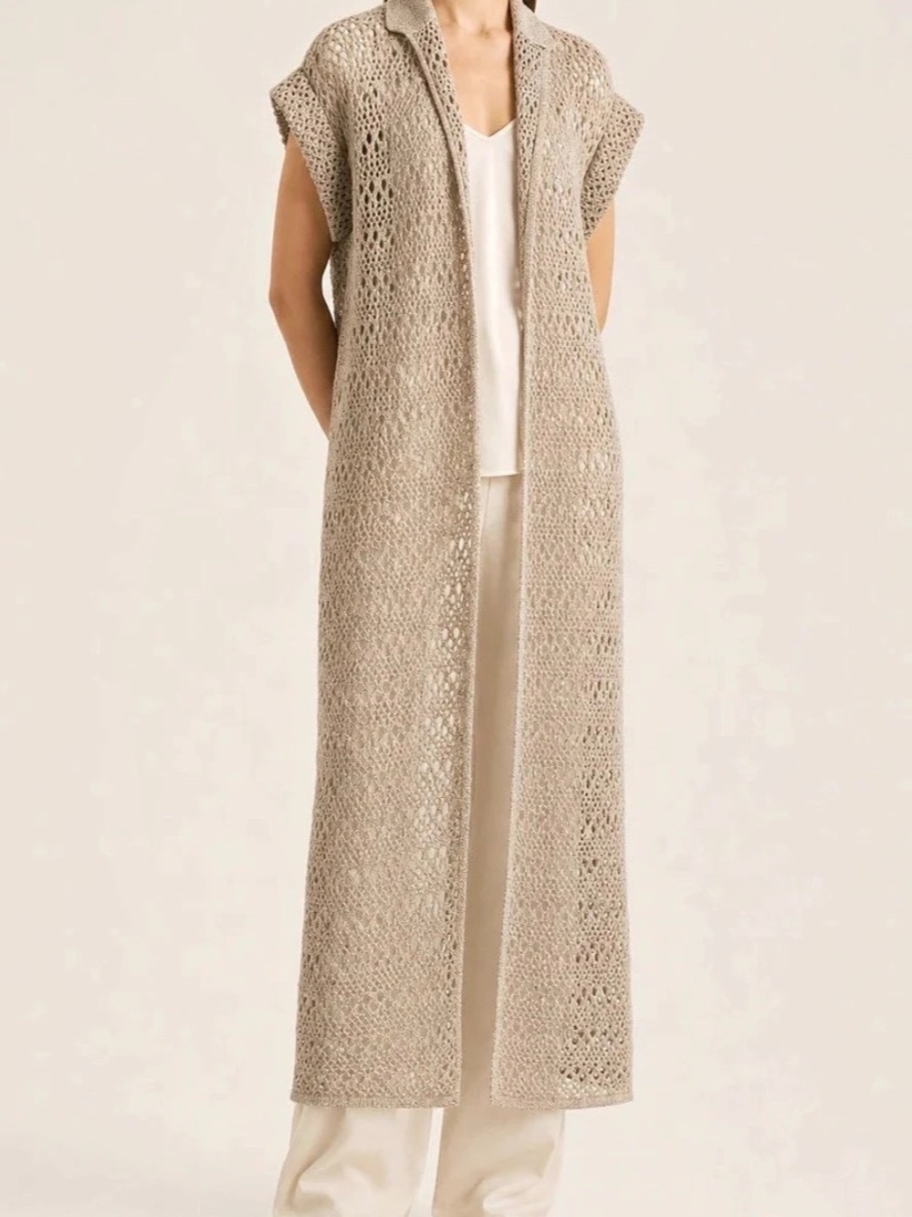 NWT Brunello Cucinelli Beige Long Open-Front Linen Silk sweater cardigan size M